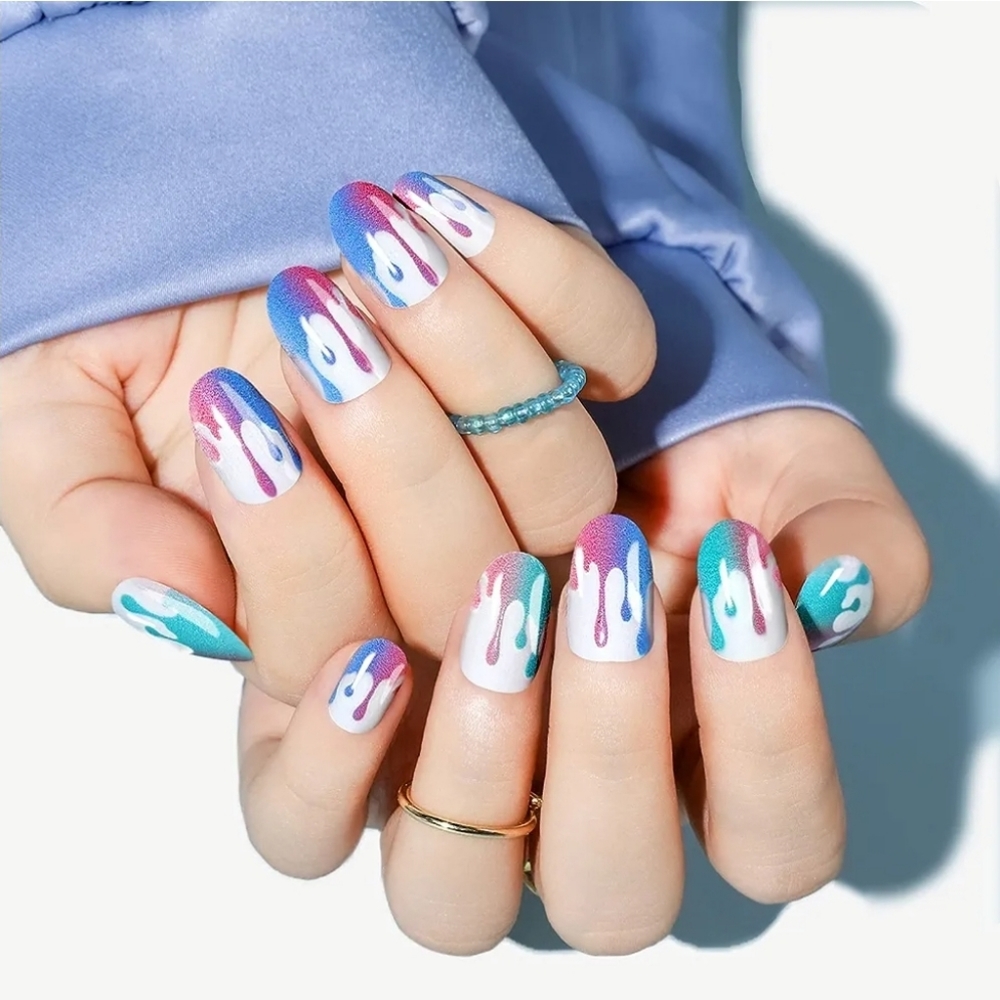 Press On Nails Almond Shaped Paint Drip White Blue Pink Green Medium Length